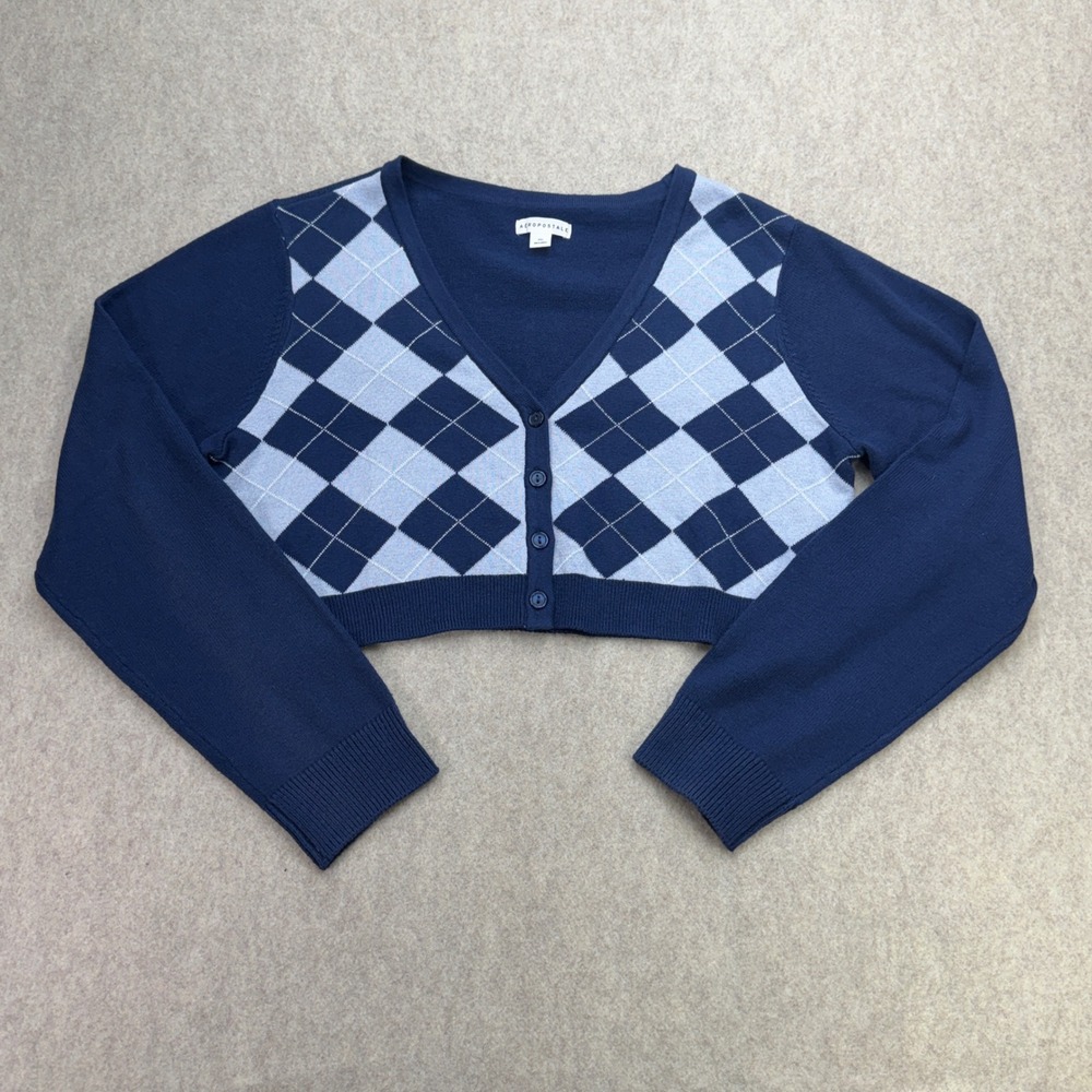 Aeropostale Cardigan Womens XXL Cropped Argyle V-Neck Blue Preppy Y2K Academia